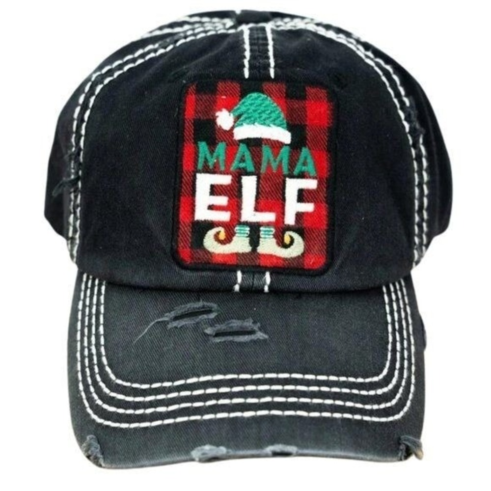 KBETHOS‎ Distressed Black 'Mama Elf' Baseball Cap Hat Buffalo Plaid Accents NWT